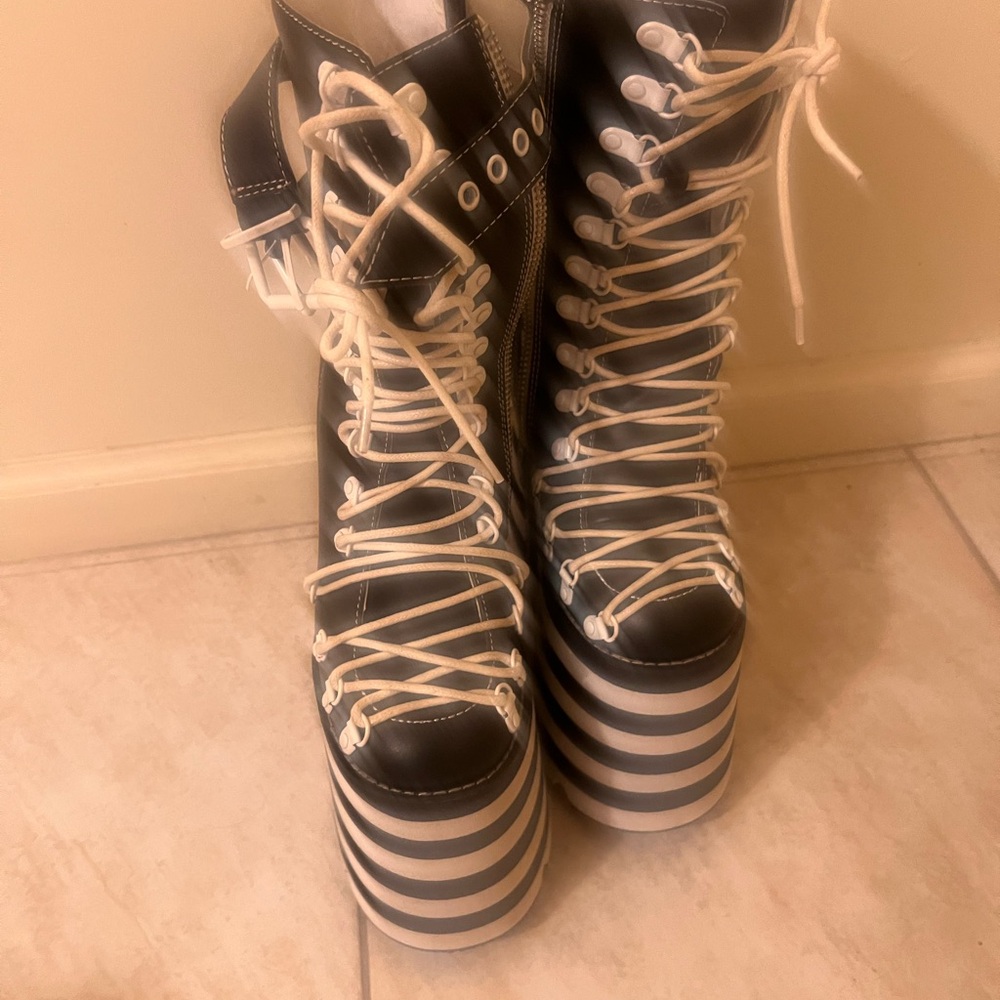 Dolls Kill Black and White Striped Platform Boots